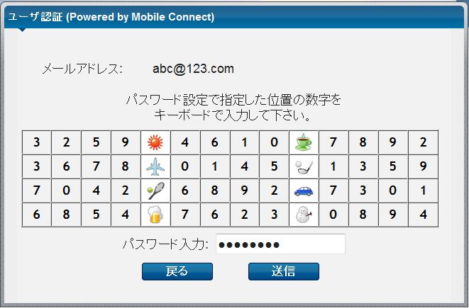 6. ユーザ認証画面が表示された後 あらかじめ設定したパスワード位置に当てはまる数 字を パスワード設定時にクリックした順に入力し 送信をクリックします ( 図 2-7) 図 2-7. ユーザ認証画面 7.
