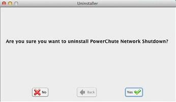 Mac OS X でのアンインストール Mac OS X で PowerChute をアンインストールする方法 : 1. インストールファイルの保存先フォルダに移動します : /Users/Shared/Applications/APC/PowerChute 2. uninstall.command というファイルをダブルクリックします 3.