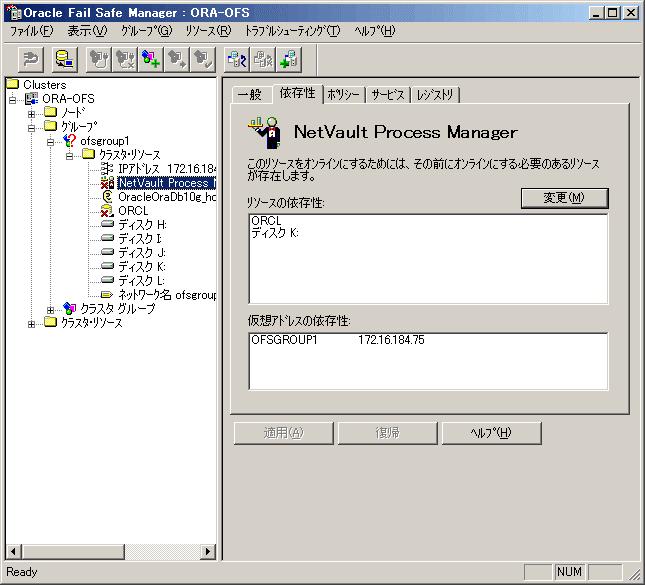 まず はじめにクラスタ リソースの中から NetVault Process Manager および Oracle インスタンス ( 例では ORCL) を停止します 次に NetVault Process Manager のリソースの依存性タブから