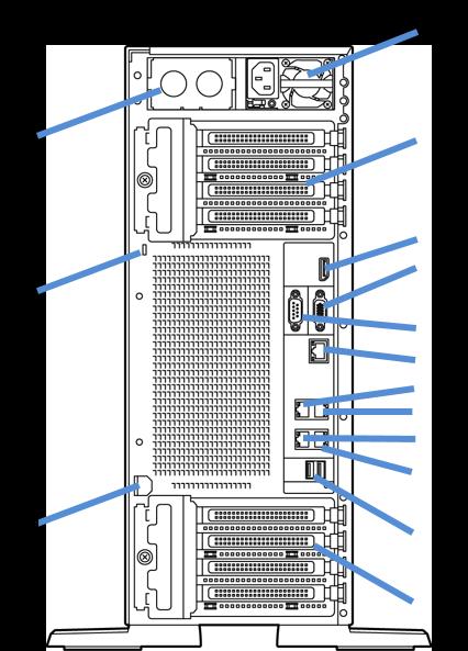 背面図 凡例 A. 電源ユニット 1 I. LAN コネクタ 3 B. PCIe スロット 5~8 J. LAN コネクタ 4 C. ディスプレイポート ( 使用不可 ) K. USB 3.0 コネクタ 2 D. VGA ポート L. PCIe スロット 1~4 E.