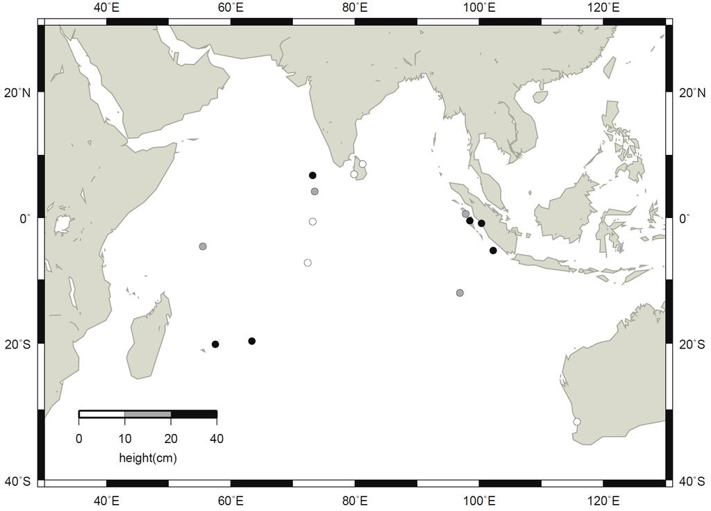 検潮所で観測された津波の高さ 観測値は米国海洋大気圏局 (NOAA) による ポートラルー ディエゴガルシア島