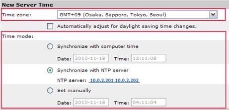 ネットワークカメラ / ビデオエンコーダの時刻あわせをします 1. Basic Setup - Date & Time ページを開きます 2. Time Zone で GMT+09(Osaka, Sapporo, Tokyo, Seoul) を選択します 3.