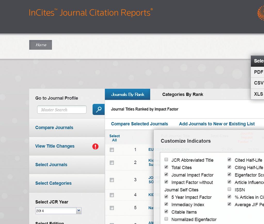 Journal Citation Reports ISSN Customize Indicators Journal