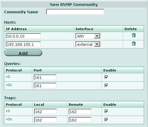 SNMP システム - 設定 [Communities] [Name] [Queries] [Traps] [Enable] 削除アイコン編集 / 表示アイコン FortiGate の設定に追加された SNMP コミュニティのリスト 最大で 3 つのコミュニティを追加できます SNMP コミュニティの名前 各 SNMP コミュニティの SNMP クエリのステータス