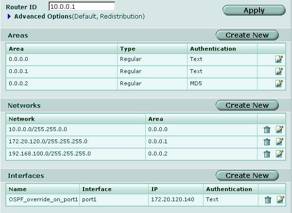 ルータ - ダイナミック OSPF 図 108: 基本的な OSPF 設定 [Router ID] [Advanced Options] [Areas] FortiGate ユニットを他の OSPF ルータと区別するための一意のルータ ID を入力します 慣例により ルータ ID は OSPF AS 内のいずれかの FortiGate インタフェースに割り当てられた数値的に最も大きい IP