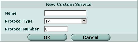 ファイアウォール - サービス サービスグループリストの表示 3 次のオプションを設定します 図 139: 新しいカスタムサービス - IP [Name] IP カスタムサービスの名前を入力します [Protocol Type] 追加しているサービスのプロトコルの種類として [IP] を選択します [Protocol Number] このサービスの IP プロトコル番号