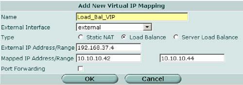 仮想 IP の設定 ファイアウォール - 仮想 IP 図 157: IP アドレス範囲に対する負荷分散仮想 IP IP アドレス範囲に対する負荷分散仮想 IP を追加するには 1 [Firewall] [Virtual IP] [Virtual IP] の順に選択します 2 [Create New] を選択します 3 次の手順を使用して インターネット上のユーザが DMZ ネットワーク上の