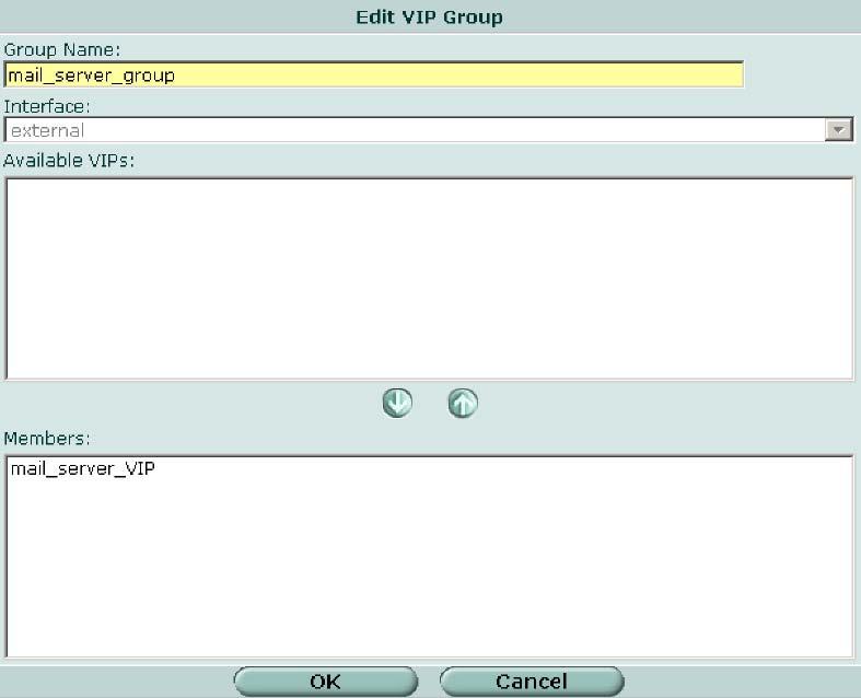 ファイアウォール - 仮想 IP IP プール 図 161: VIP グループの編集 次の設定を行い [OK] を選択します [Group Name] [Interface] [Available VIPs] および [Members] グループ名を入力または編集します VIP グループを作成するインタフェースを選択します グループの編集中は [Interface]
