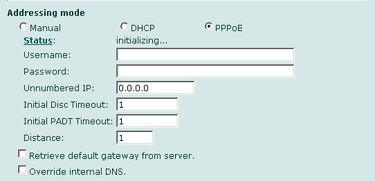 システム - ネットワーク インタフェース [Distance] [Default Gateway] [Retrieve default gateway from server] [Override internal DNS] [Connect to Server] PPPoE または PPPoA のためのインタフェースの設定 DHCP サーバで定義されたゲートウェイの IP アドレス これは