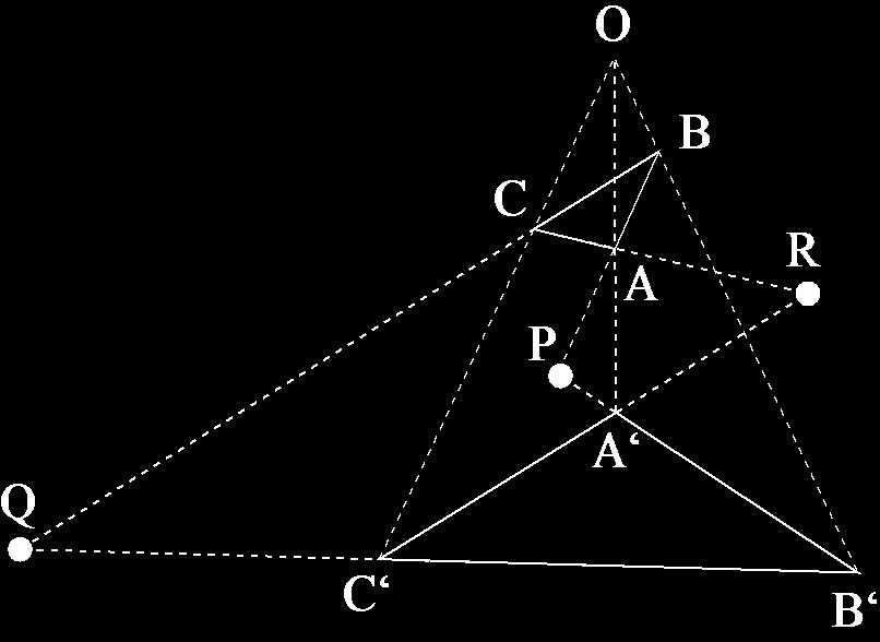 デザルグの定理 ABC と A B C において 直線 AA, BB, CC が 1 点 O で交わっている 直線 AB と A