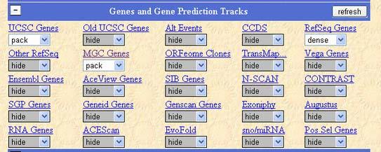 Prediction tracks"( 遺伝子および予測遺伝子 ) に含まれるトラックを見ていくことにしましょう "Genes and Gene Prediction tracks" の左にある + のアイコンをクリックして トラックを表示させてください 左上から横に順に "UCSC Genes(UCSC が予測した遺伝子 )", "Old UCSC Genes( 前の version の