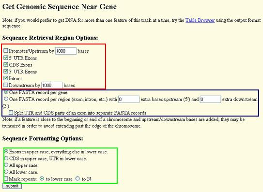 このページでは 遺伝子周辺のゲノム配列を取得するに当たっての条件を設定することが可能です まず赤く囲んだ領域で 配列取得の範囲を設定します 6 つのチェックボックスから成っていて チェックされた領域をダウンロードすることができます