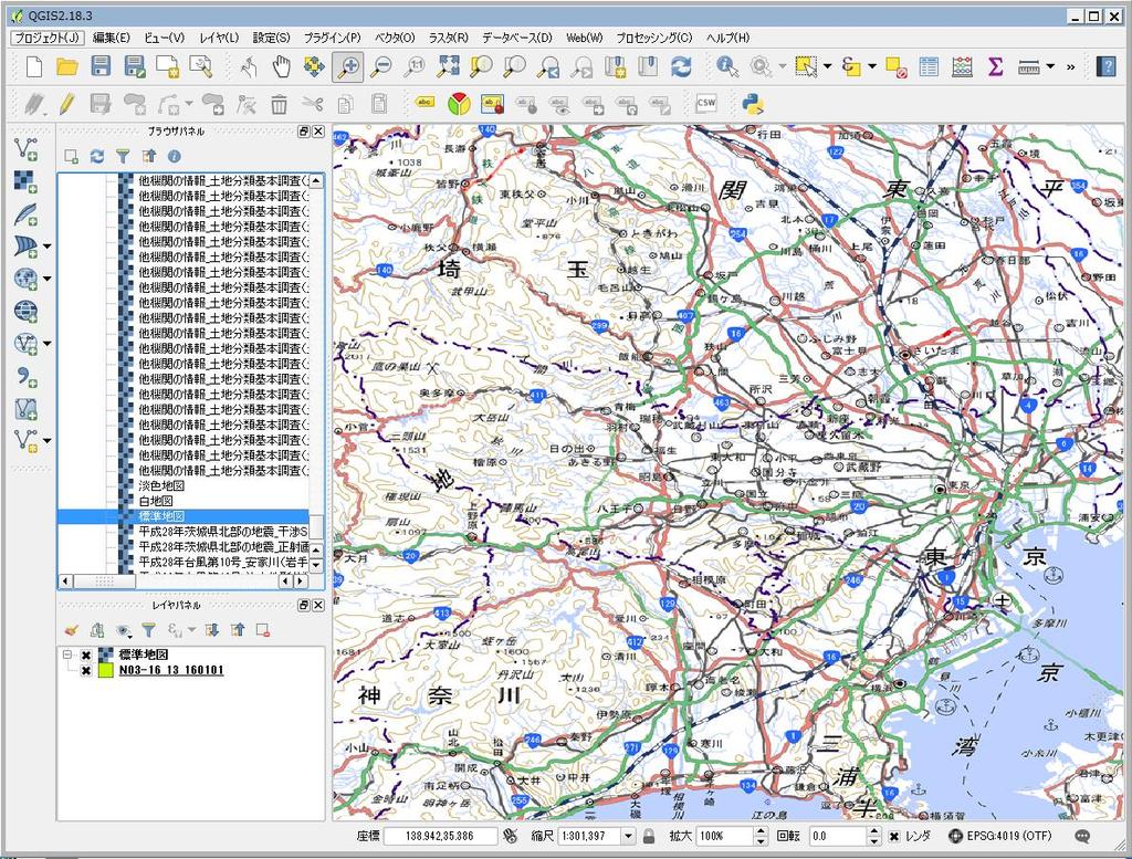 (4) QGIS のマップ表示部に地理院地図が表示されます ( 国土地理院の 電子国土基本図 を掲載しています ) (5) レイヤパネルには 3.