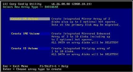 5. Create New Array SAS1064E の画面から RAID 構成をしたいハードディスクに対して RAID Disk の列の No を選択し < スペース > キー <+> キー もしくは <-> キーを押してください ここでは Slot Num 0, Slot Num 1 の 2 つのハードディスクに対して RAID1 を構成をします 6.