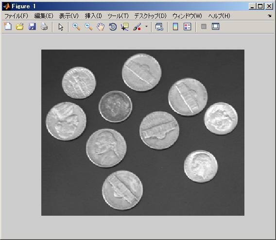 コイン画像の 2 値化例 I = imread( coins.