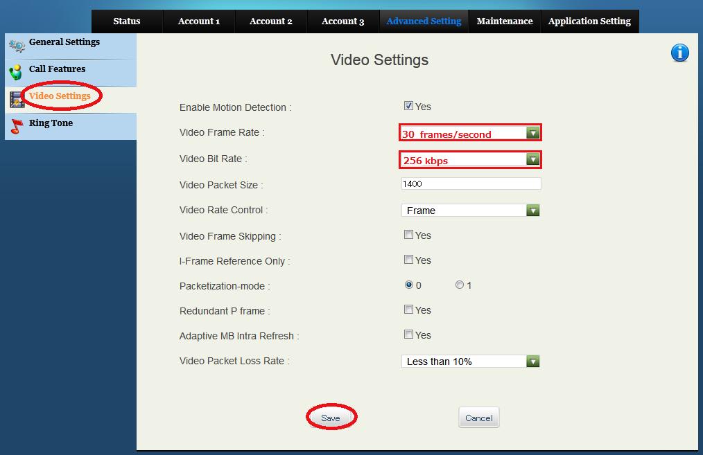 Video Settings の設定 Enable Motion Detection Video Frame Rate Video Bit Rate