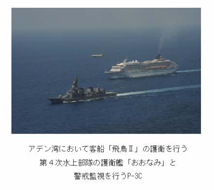 同 23) 年 6 月 30 日現在で 1,995 隻が 護衛艦に守られて 1 隻も海賊の被害をこうむることなく 安全にアデン湾を通過している わが国の経済のみならず 世界経済にとっての大動脈たる本海域において 自衛隊の行う護衛活動が生み出した安心感は 大きなものである ジブチ共和国に活動拠点を置く哨戒機 (P-3C) も 日本の面積に匹敵するほど広大なアデン湾を