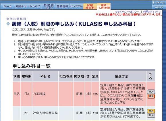 履修 ( 人数 ) 制限 人数制限科目の確認 KULASIS 申し込み分の申請