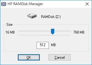 Z: ドライブのサイズは [HP RAMDisk Manager] を使用して 以下の手順で設定できます 1. Admin でログオンし UWF を無効にします 2. システムが再起動したら 再度 Admin でログオンし コントロールパネルを開き [HP RAMDisk Manager] を実行します 3.