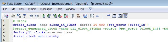 PLL 生成クロックに create_generated_clock を使用した記述も書かれていますが 重複を避けるためにコメント扱いしています ) ( 例 ) クロックの制約ができたら クロックの制約を TimeQuest に読み込ませてみて 正しく TimeQuest が認識できるかを確認してみましょう TimeQuest の Tasks ペインにある Read SDC File