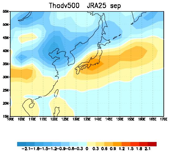 赤色は正, 青色は負で有意な地点を表す (±10, ±5, ±1% の有意水準 ). 必ずしもすべての平均降水量の極大域と対応しないものの, 特に中国南部, 東シナ海, 西日本において有意な相関がある.