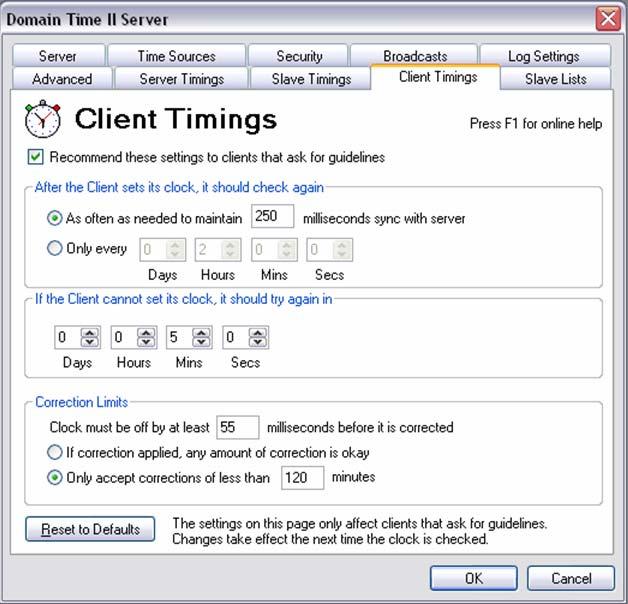 時刻同期頻度の設定 (Client Timing) 設定情報を送信 1 分ごと Or 250 ミリ秒以内 Client
