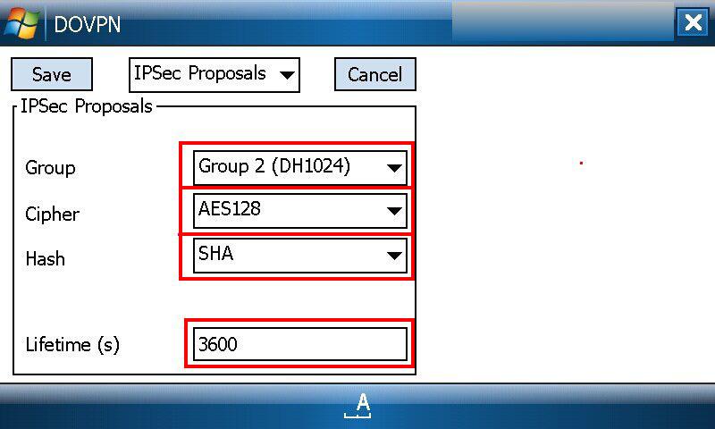 基本設定例 <<IPSec Proposals の設定 >> IPSec Proposal を設定します 本設定例では Group は Group2(DH1024), Cipher は AES128, Hash は SHA を選択しています また IKE Lifetime も設定可能です