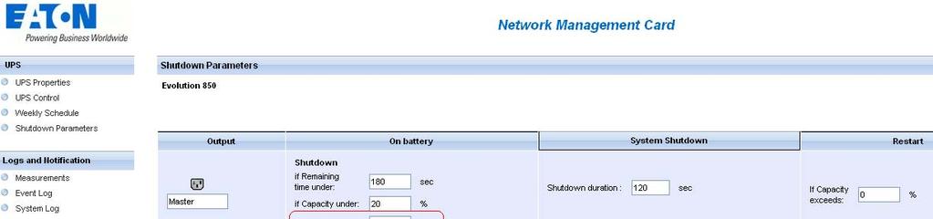 ( 前述の使用例を参照 ) 使用例 3: 最後に検出された商用電源障害のイベントから 10 分後にシャットダウンする ( 全ての UPS が電源障害となった場合のみ 10 分後にシャットダウンする ) => この場合 すべてのサーバーが同時にシャットダウンします IPM の Shutdown 構成はデフォルト設定とする ( 前述の使用例 1 を参照 ) すべての NMC