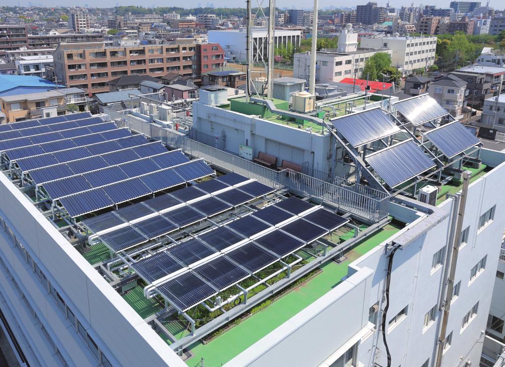 東京ガス中原ビルに設置されたソーラークーリングシステム ソーラークーリングシステム 太陽の熱エネルギーを 冷暖房に利用する 夏の陽射しは強い でも