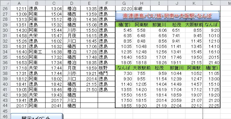 3) 高速徳島バス時刻表 を作成 高速徳島バス時刻表 を セル G29:L44 に作成し セル G27:L28 にその 見 出し