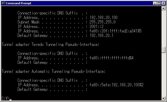6. ipconfig コマンドを実行し 手順 5 で設定した IP アドレスが正しく設定してあるかどうかを確認します IP アドレスを設定した後のサーバ PC の IP Configuration (Windows XP) 1.3.