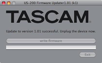 Mac OS X ドライバーのアップデート手順 インストールを開始する前に US-122MKII または US-144MKII から USB ケーブルを抜いてください 7. write firmware ボタンをクリックすると アップデートが始 まります 1. TASCAMのウェブサイト (http://tascam.