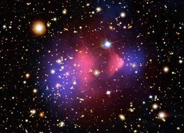 暗黒物質が存在する証拠 - 銀河団の衝突 - 赤 : バリオン (X 線
