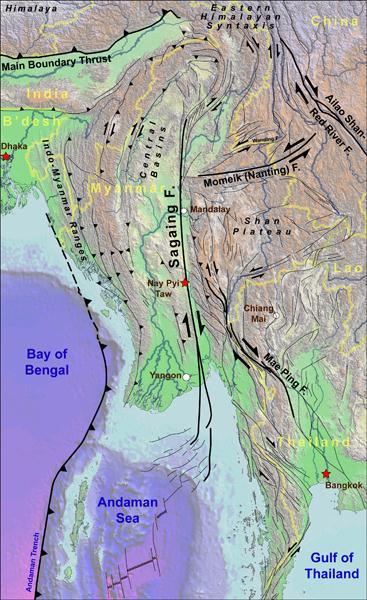 1.2 活断層型地震 ( サガイン断層 ) ミャンマーには多くの断層が存在しており その中でも特にミャンマーの中央部を縦断しているサガイン断層が有名です インド オーストラリアプレートがヒマラヤ山脈周辺に沈み込む運動に 大きな影響を受けているサガイン断層は 活動度の高い断層で 過去に発生した大きな地震のほとんどが同断層もしくはその周辺で発生しています サガイン断層はインド