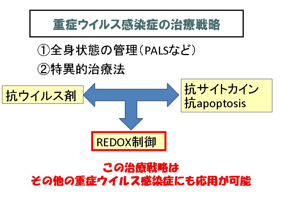 REDOXの制御が大事であるということになってきました これらの治療戦略は 脳症以外の重症のウイルス感染症 ( 例えば H5N1