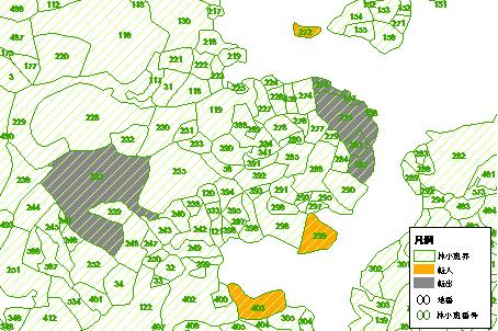 都道府県の地域森林計画編成担当者は 地域森林計画の樹立後 当該計画区の編成において生じた5 条森林からの除外及び編入の対象の林地の林小班番号及び区域の記録を市町村に提供します ( 表 4-3-5 図 4-4-2) 図 4-4-2 5 条森林からの除外 編入の対象となる森林の区域を示す記録の例 2)