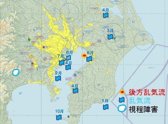 第三章関東地方における乱気流とその派生 3.1 東京国際空港 3.1.1 事故調査本研究では 関東地方の主要空港として東京国際空港周辺を最初に調査対象とした 図 3.1 東京国際空港周辺での気象による事故分布 図 1.
