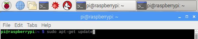 2) 表示された画面にコマンド sudo apt-get update を入力し エンターキーを押して OS のアップデートを実行します