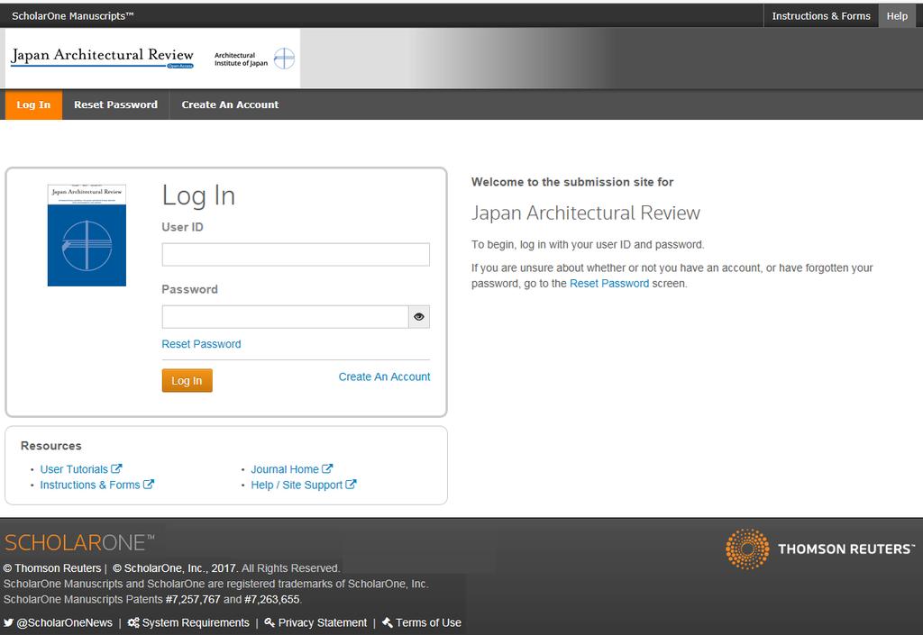 オンライン投稿方法のご案内 Japan Architectural Review 重要 : ブラウザの Back ( 戻る ) ボタンはシステム不具合の原因となる可能性がございますので いかなる場面でも使用しないようにお願い致します 1. URL : https://mc.manuscriptcentral.