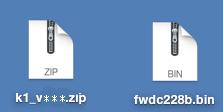 Macintosh パソコンの場合 1) ホームページからファームウェアファイルをダウンロードします 4) ディスクドライブ K-1 をダブルクリックして開き 2) で確認したファームウェアファイル fwdc228b.