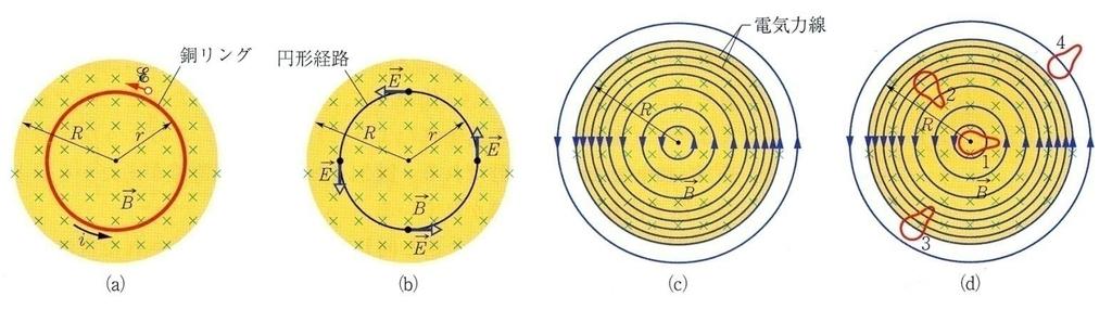 一様な磁場が, 半径 R 内に限定されていて, 磁場の強さが時間的に変化する場合 (a) 同じ中心軸を持つ導体リングがある特別な場合の起電力 = - df B /dt (b) 導体リングを仮想リングで置き換える.