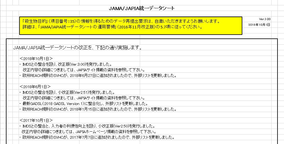 2.3 JAMA/JAPIA 統一データシートの構成 JAMA/JAPIA 統一データシート内には 4 種類のシートが含まれています 表紙 入力帳票 入力要領 MESSAGE 含まれるシート 2.3.1 表紙表紙シートの表紙です シート改正の内容