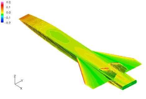 ているため 抗力を低減するにはこれらの先端部分を薄くすることが有効である また 図 7 はマッハ 5.0 における巡航飛行に近い迎角 5 度の条件の CFD 解析で得られた機体表面の熱流束分布である 極超音速巡航時の空力加熱は 胴体 主翼 垂直尾翼の先端部分により温度が高くなっている 図 6 機体表面の圧力係数 (Cp) 分布 ( マッハ 5.0 Re=4.