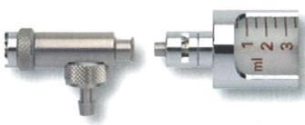 プレミアム連続分注器 取外し可能な三方バルブ (SUS316L) を取り付けると連続分注器 ( 左側 )
