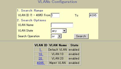 VLANs Configuration 次の VLANs Configuration フォームを表示するには Layer 2 > Virtual LANs を選択します ( フォルダではなく 下線が引かれたフォルダ名をクリックしてください ) 次の表に VLANs Configuration フォームのを示します 表 120 VLANs Configuration フォーム Search