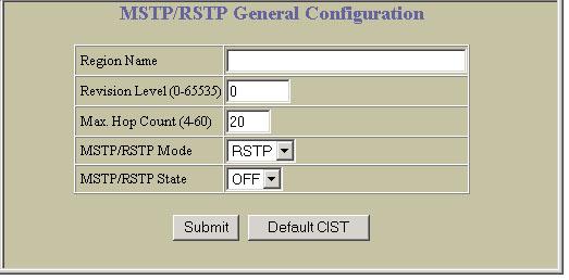MSTP/RSTP General Configuration 次の MSTP/RSTP General Configuration フォームを表示するには Layer 2 > MSTP/RSTP > General を選択します 本スイッチは IEEE 802.1w Rapid Spanning Tree Protocol (RSTP) と IEEE 802.