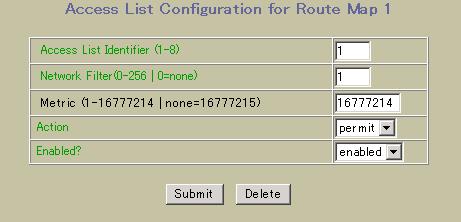 Route Map Access List Configuration 次のフォームを表示するには Route Map Configuration フォームから Add Access List をクリックします 次の表に Access List Configuration フォームのを示します 表 153 Access List Configuration フォーム Access List