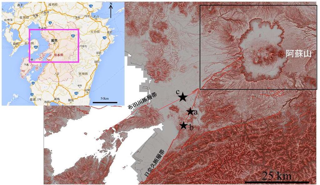 M7.3 M6.4 M6.5 図 3.1-3 熊本地震震源域とその周辺の地形 ( 赤色立体地図は国土地理院 5m+10m メッシュ DEM を用いて作成 ) a) 4 月 14 日の M6.