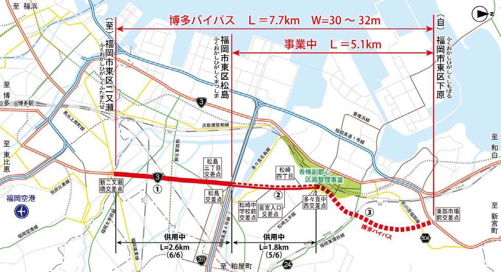 (2) 博多パイパスの概要 1) 概要博多バイパスは 福岡市東区下原から福岡市東区二又瀬に至る延長 7.