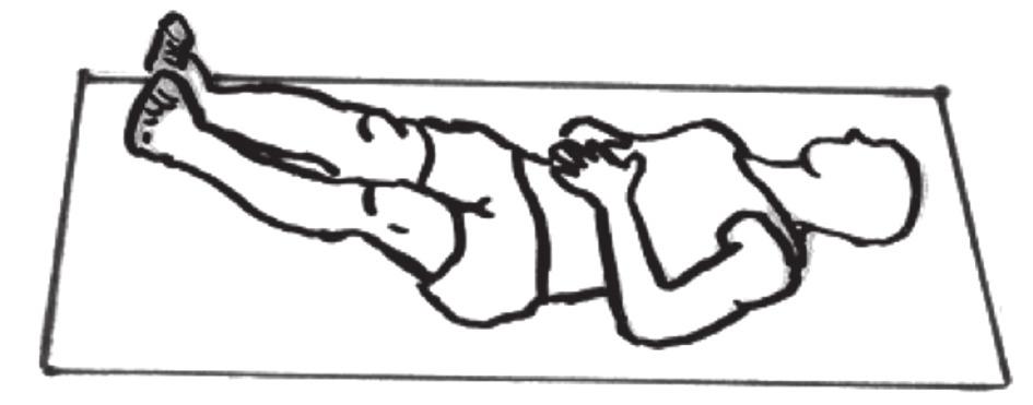 6. トレーニング内容トレーニング内容は SB エクササイズ ( 図 3a) フロントブリッジでの片側下肢挙上 ( 図 3b) レッグツイスト ( 図 3c) 腹筋 ( 図 3 d) とし 井上ら 8) の方法に準じた 1 Side Bridge エクササイズ ( 図 3a) 図 3a の姿勢を 60 秒間保持することを目標とし 保持が可能となれば 上側の下肢を膝関節伸展位に保持したまま